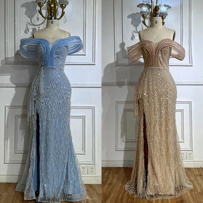 Luxury Blue Beaded Off-Shoulder Mermaid Evening Gown LA72867 - SERENE HILL