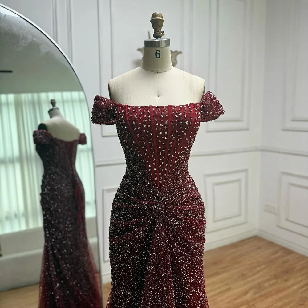 Luxury Designer Beaded Silver Nude Mermaid Evening Dress LA72905 - SERENE HILL