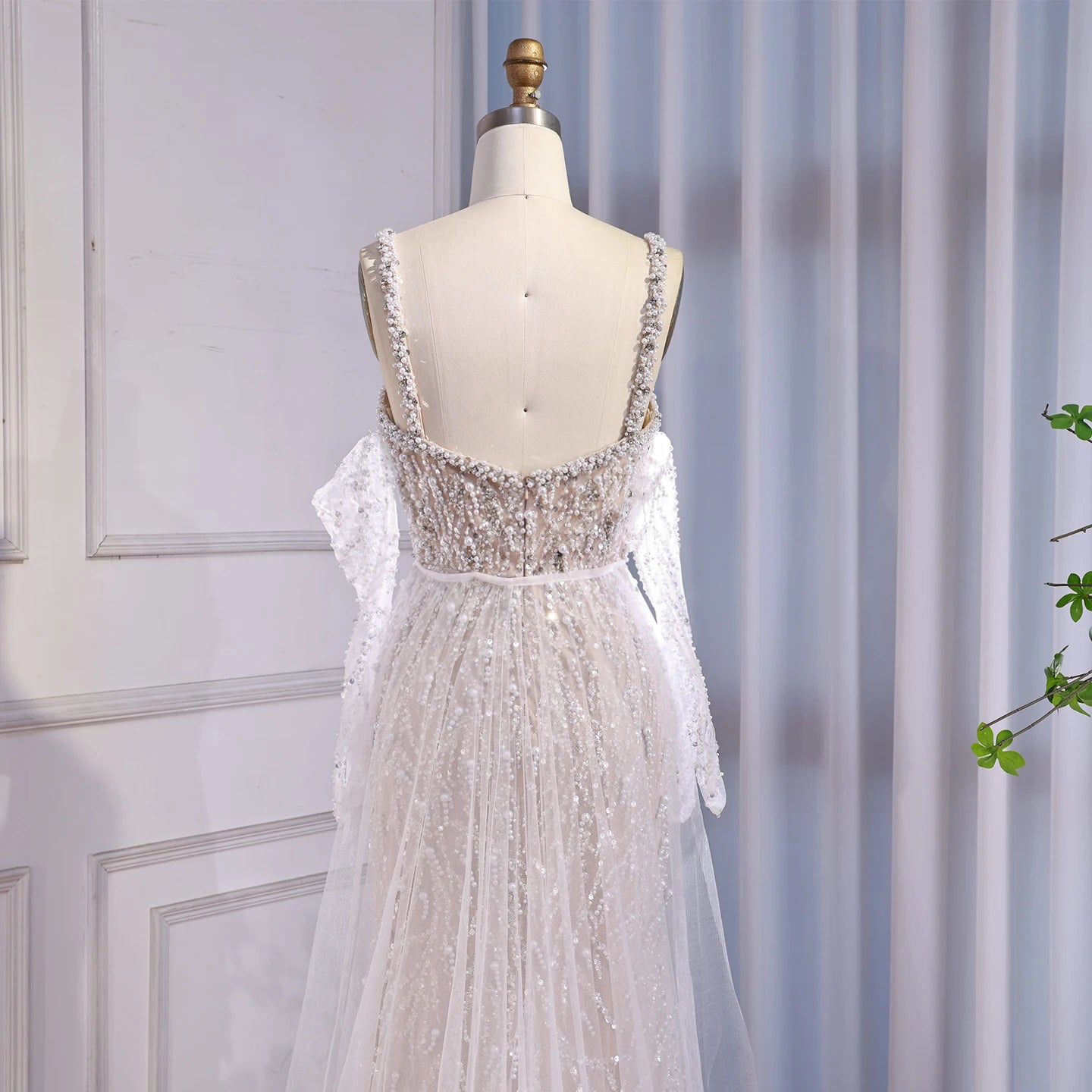 Luxury Lace Pearls Mermaid Evening Dress With Glove White Nude LA72345E - SERENE HILL