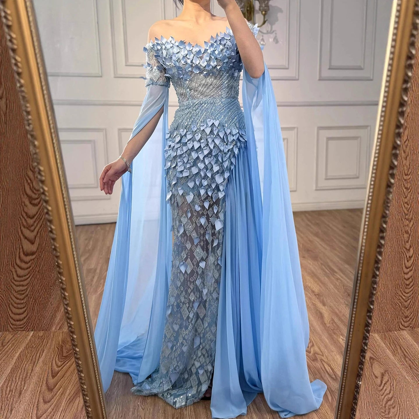 Luxury Dubai Blue 3D Flower Evening Dress With Cape LA73381 - SERENE HILL
