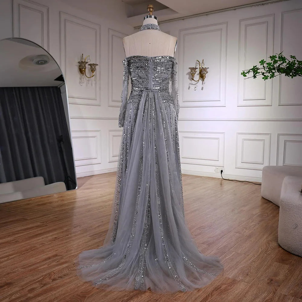 Luxury Caramel Off Shoulder Beaded Mermaid Evening Dress Long Sleeves LA73053 - SERENE HILL