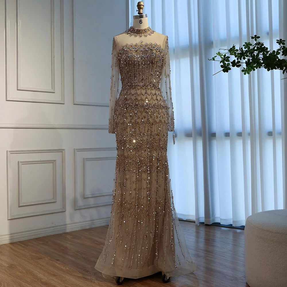 chinese dress ladies Luxury Turquoise Beaded Mermaid Evening Dress Long Sleeve LA72714C Caramel / 14
