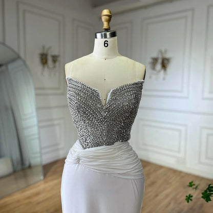 Luxury Dubai Elegant White Arabic Evening Gown with Crystal Beaded Dress and Gloves for Formal Occasion LA72758 - SERENE HILL