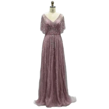 Serene Hill Dubai Red Luxury A-Line Sexy Evening Dresses 2025 Half Sleeves Beading Crystal Formal Dress Design Real Photo LA70458 - SERENE HILL