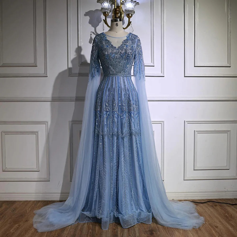 Elegant Beaded A-Line Evening Dress with Cape Sleeves LA73056 - Blue / 4 Elegant Beaded A-Line Evening Dress with Cape Sleeves LA73056 - Blue / 4
