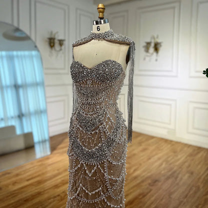 Luxury Dubai Nude Beaded Evening Dress with Tassel Short Cape LA72876 - SERENE HILL