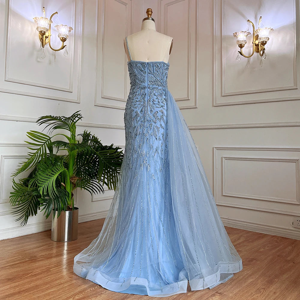 Luxury Blue One Shoulder Beaded Mermaid Evening Gown with Overskirt LA71730 - SERENE HILL