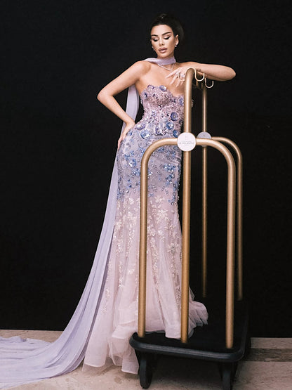 Luxury Lilac 3D Flower Evening Dress with Cape LA73345 - SERENE HILL