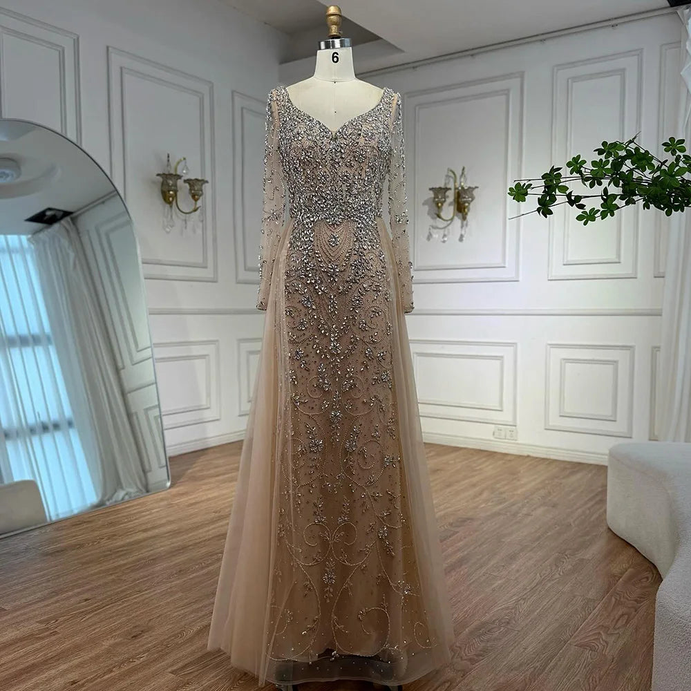 Luxury Nude Beaded Mermaid Evening Dress with Overskirt LA73042A - SERENE HILL