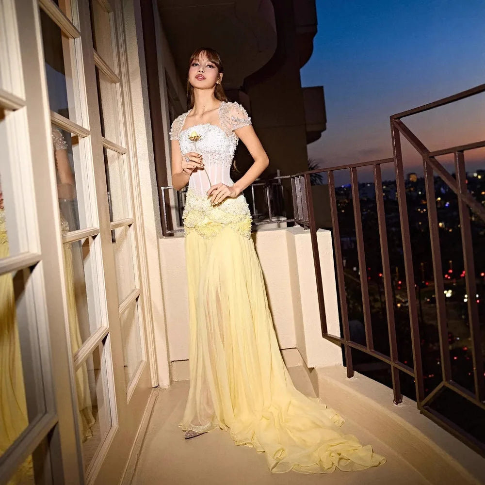 Luxury Yellow Pearls A-Line Evening Dress with Flowing Coat LA72978 - SERENE HILL