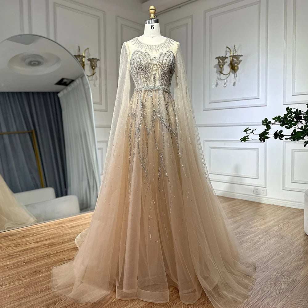 Luxury Dubai Nude Blue Elegant A-Line Beaded Long Arabic Evening Dresses Gowns with Cape Sleeves for Formal Occasion LA72785 - SERENE HILL