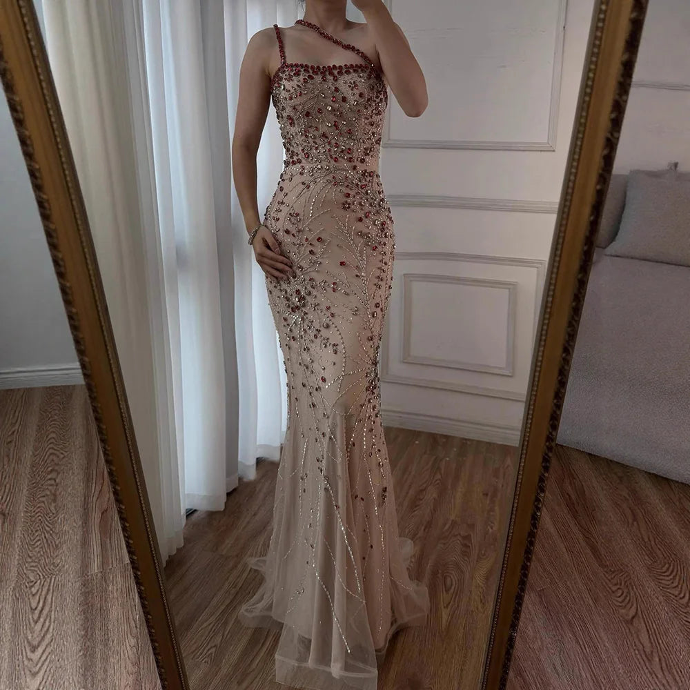 Luxury Red Saudi Arabic Crystal Beaded One Shoulder Evening Dress LA73135 - SERENE HILL