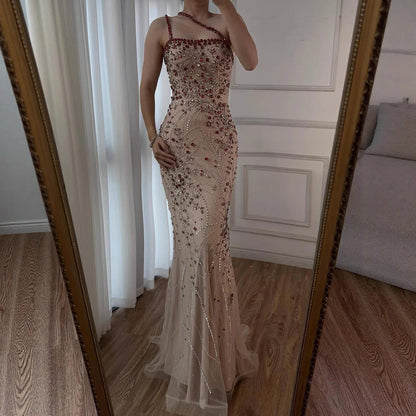Luxury Red Saudi Arabic Crystal Beaded One Shoulder Evening Dress LA73135 - SERENE HILL