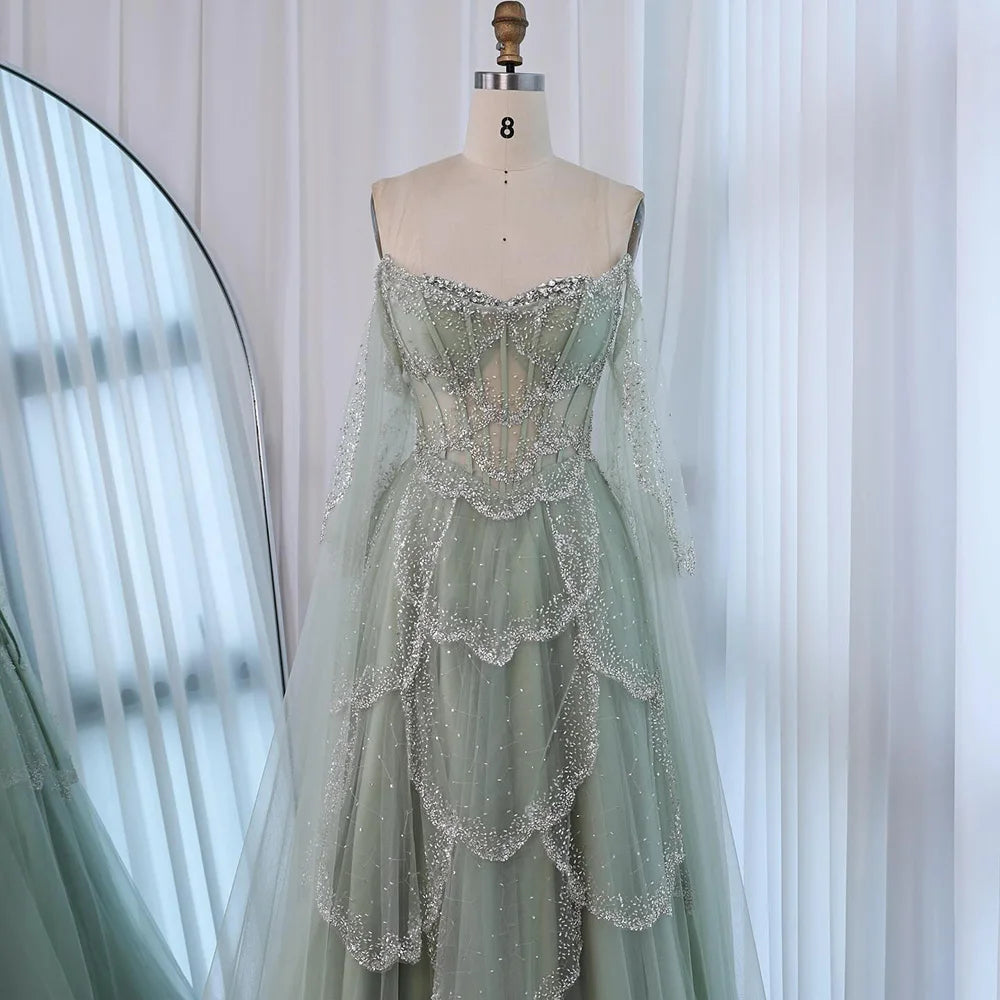Luxury Arabic Sage Green Beaded A-Line Evening Dress with Cape LA72605A - SERENE HILL