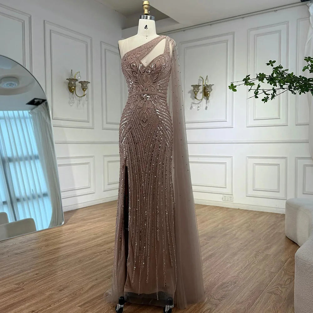 Luxury Caramel Beaded Mermaid Evening Dress with One Shoulder Cape LA73085 - SERENE HILL