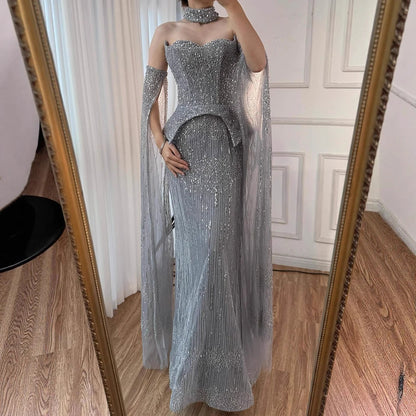 Luxury Gray Beaded Off-Shoulder Evening Dress with Cape Sleeves LA73076 - SERENE HILL
