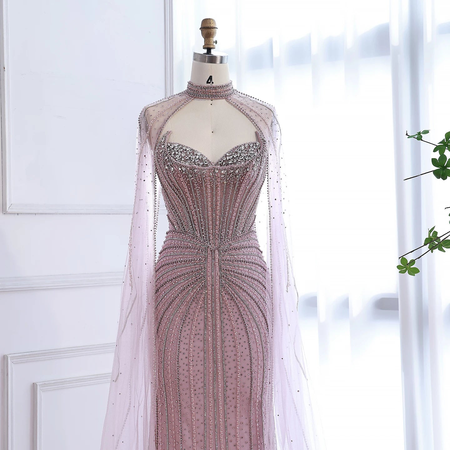Luxury Dubai Caramel Beaded Evening Dress With Cape LA72811C - SERENE HILL