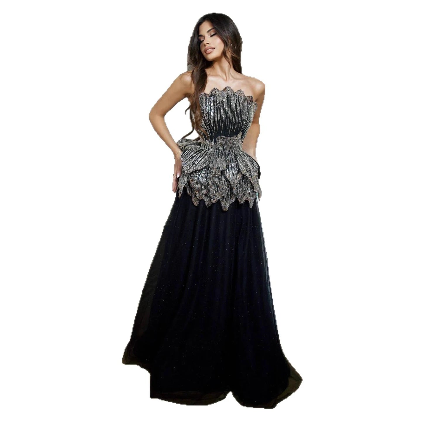 Luxury Black Strapless Beaded Applique A-Line Evening Dress LA73337 - SERENE HILL