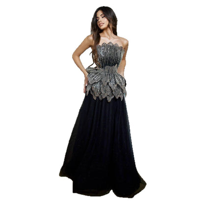 Luxury Black Strapless Beaded Applique A-Line Evening Dress LA73337 - SERENE HILL