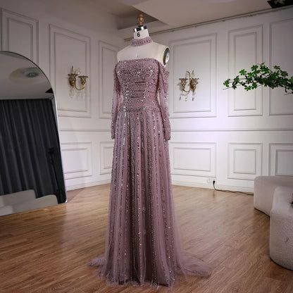 Luxury Caramel Off Shoulder Beaded Mermaid Evening Dress Long Sleeves LA73053 - SERENE HILL