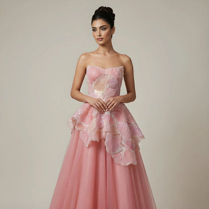 Luxury Peach Floral Appliqué A-Line Sparkly Evening Dress LA73185 - SERENE HILL