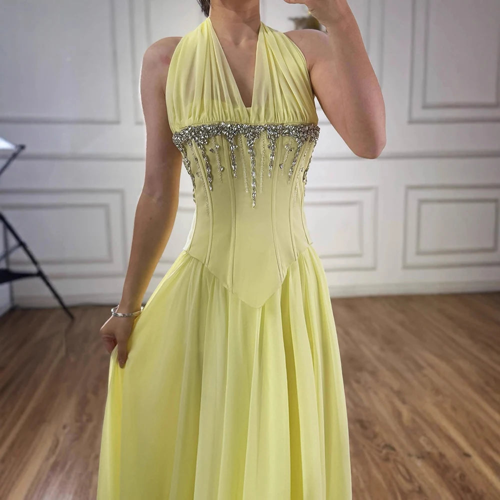 Luxury Designer Sage Green Chiffon Halter Beaded Evening Dress LA73074 - SERENE HILL