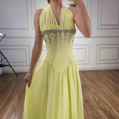 Luxury Designer Sage Green Chiffon Halter Beaded Evening Dress LA73074 - SERENE HILL