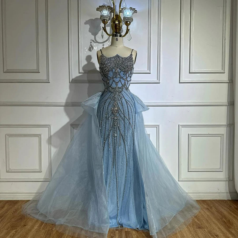 Luxury Dubai Nude Saudi Beaded Spaghetti Strap Evening Dress with Overskirt LA72810 - SERENE HILL