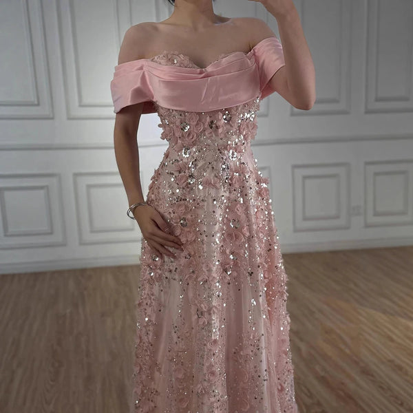 Luxury Pink A-Line Evening Dress with 3D Flowers & Beads LA73157