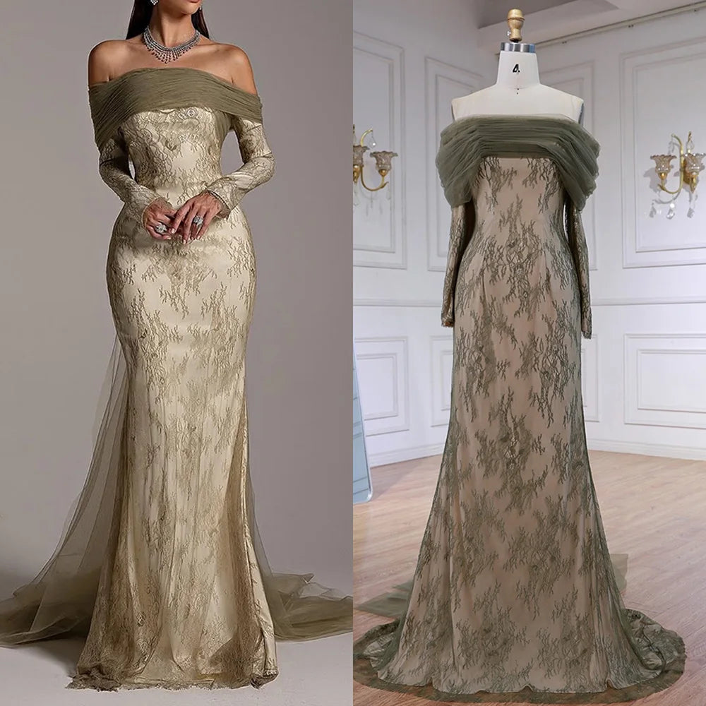 Elegant Olive Green Evening Dress with Lace Sleeves LA72942 - SERENE HILL