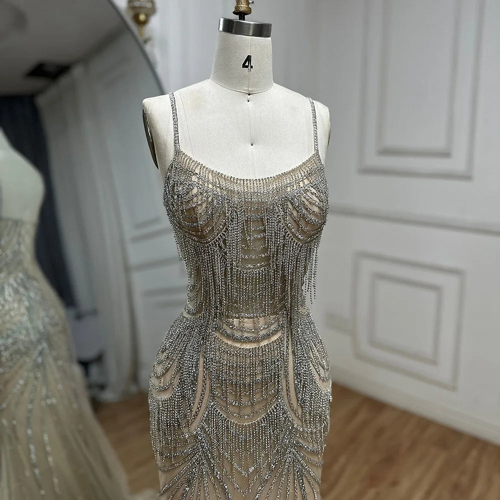 Luxury Nude Pink Crystal Tassel Mermaid Evening Dress LA72772 - SERENE HILL