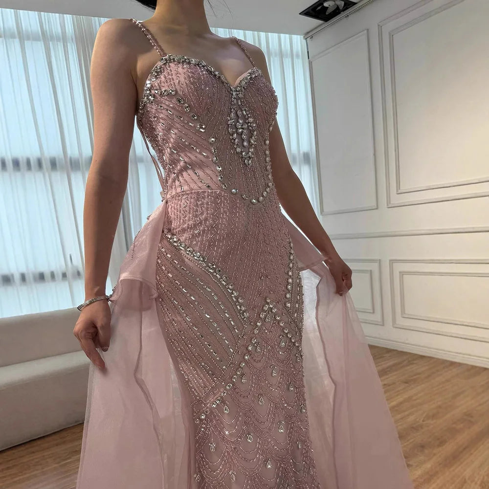 Luxury Pink Crystal Beaded Mermaid Evening Dress with Overskirt LA73143 - SERENE HILL