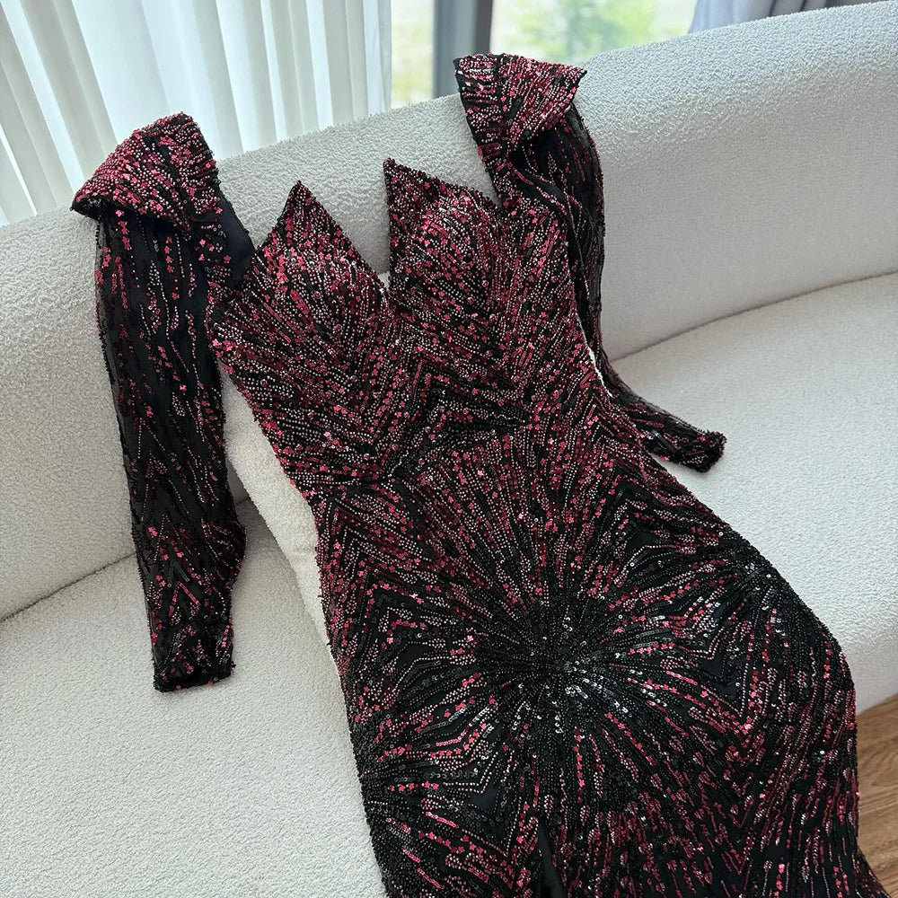Luxury Wine Red Sequined Long Sleeve Evening Dress LA73126 - SERENE HILL