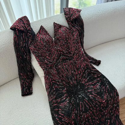 Luxury Wine Red Sequined Long Sleeve Evening Dress LA73126 - SERENE HILL