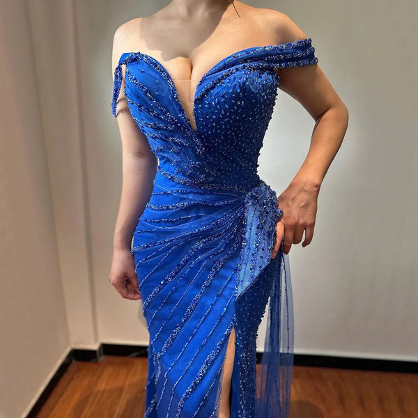 Luxury Blue Beaded Mermaid Evening Dress with Split LA71663
