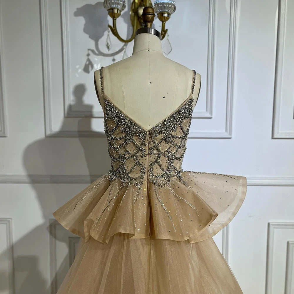 Luxury Dubai Nude Saudi Beaded Spaghetti Strap Evening Dress with Overskirt LA72810 - SERENE HILL