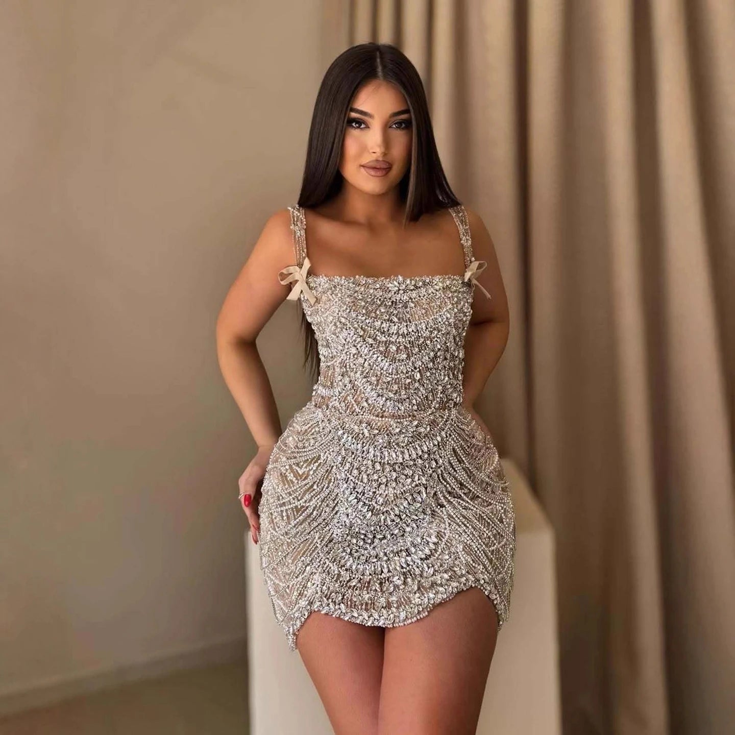 Luxury Nude Stone Strap Mini Cocktail Dress LA72983B - SERENE HILL