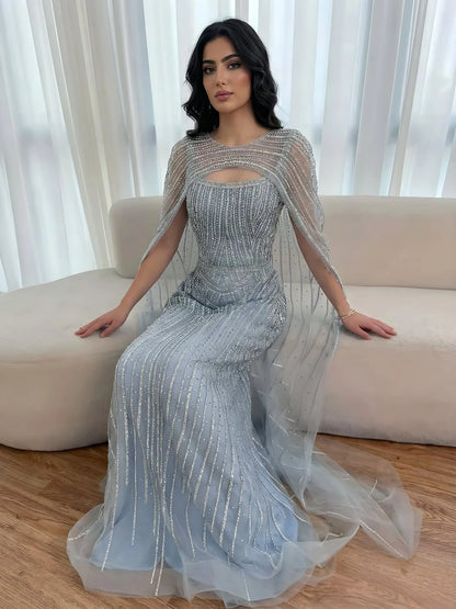 Luxury Blue Diamond Evening Dress With Cape LA73426 - SERENE HILL
