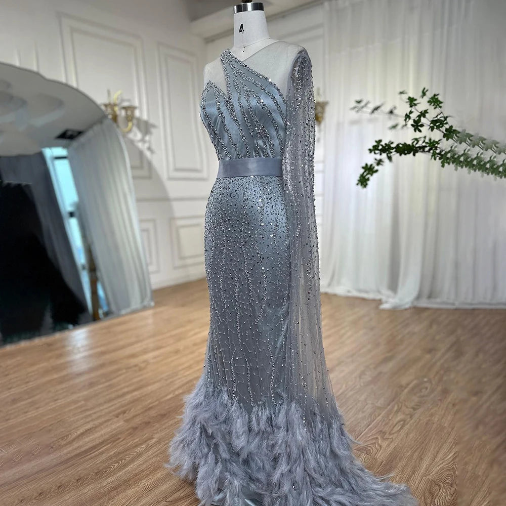 Elegant Nude One Shoulder Feather Beaded Mermaid Evening Dress LA71096 - SERENE HILL