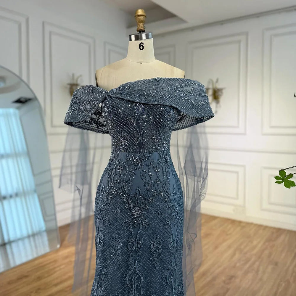Luxury Blue Lace Off Shoulder Evening Dress for Women LA73125 - SERENE HILL