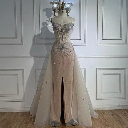 Luxury White Nude Beaded Evening Dress with Overskirt LA73107 - SERENE HILL