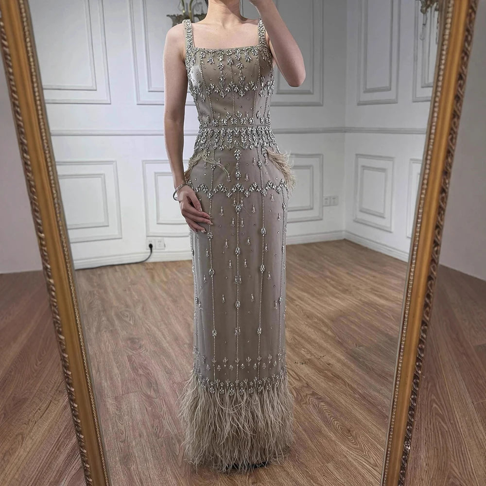 Luxury Caramel Beaded Mermaid Evening Dress with Feathers LA71492B - SERENE HILL