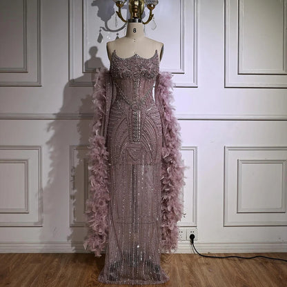 Luxury Caramel Beaded Evening Dress with Feather Sleeves LA73055 - SERENE HILL
