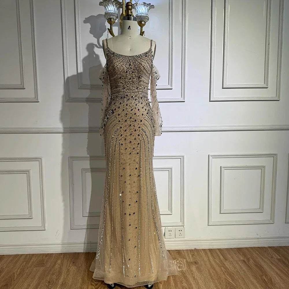 Luxury Nude Navy Blue Silver Beaded Evening Dress with Long Sleeves LA73120 - SERENE HILL