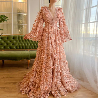 Blush Peach-Pink 3D Flowers Evening Dresses with Bell Long Sleeves LA72960 - SERENE HILL