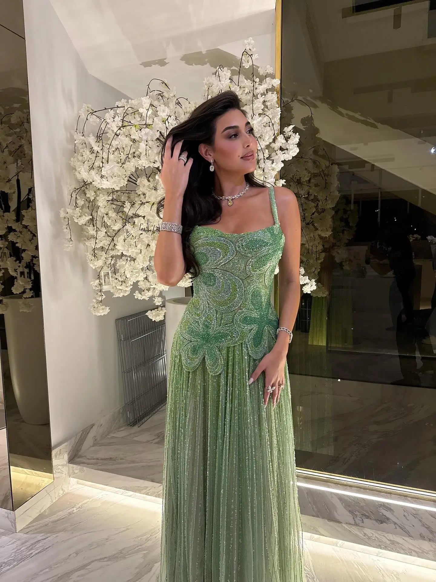 Luxury Arabic Green Beaded Spaghetti Strap Evening Dress LA73332 - SERENE HILL