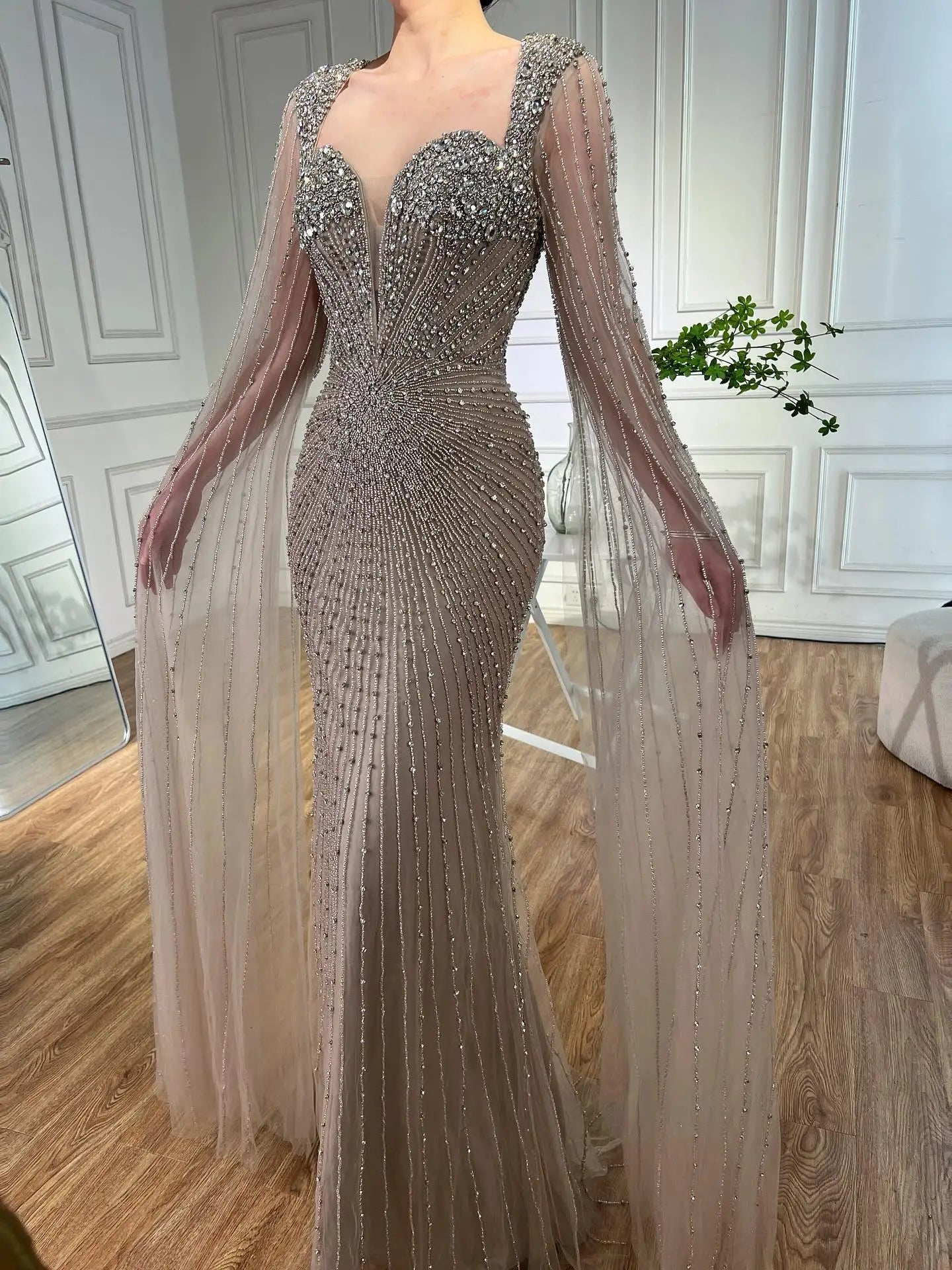 Luxury Caramel Crystal Beaded Mermaid Evening Dress with Cape LA72575D - SERENE HILL