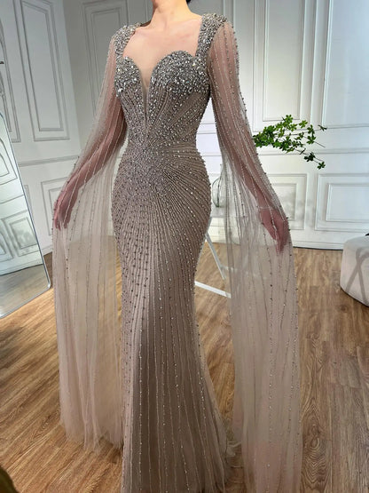 Luxury Caramel Crystal Beaded Mermaid Evening Dress with Cape LA72575D - SERENE HILL