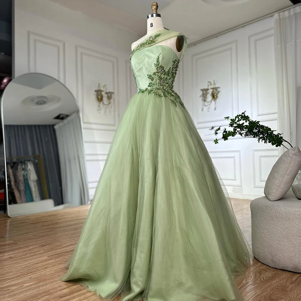 Luxury Dubai Sage Green Elegant One-Shoulder A-Line Appliques Long Arabic Evening Gown for Formal Occasion LA72783 - SERENE HILL