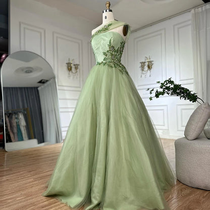 Luxury Dubai Sage Green Elegant One-Shoulder A-Line Appliques Long Arabic Evening Gown for Formal Occasion LA72783 - SERENE HILL